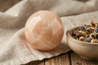 Pierre rose des sables polie en sphère posée sur un tissu de lin avec des plantes séchées pour un rituel bien-être