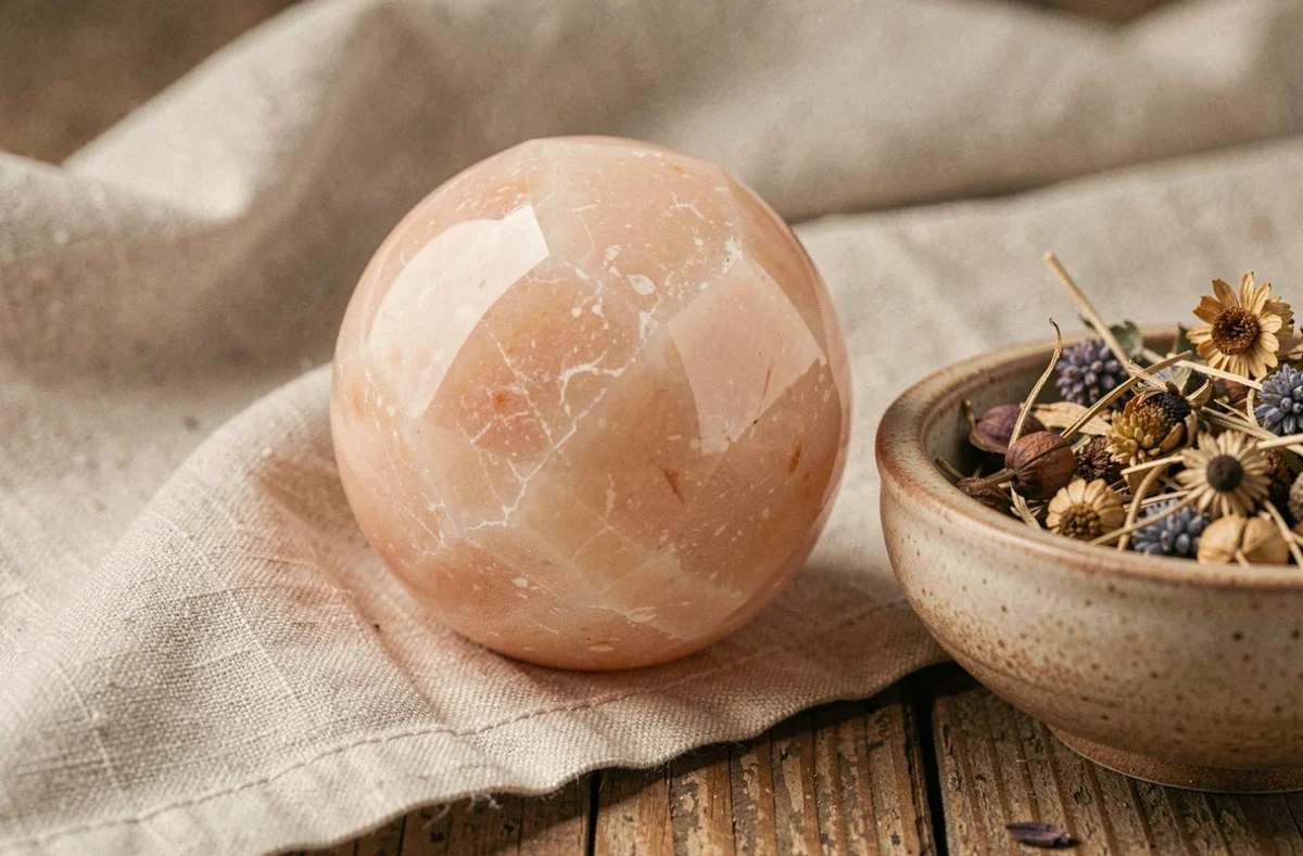 Pierre rose des sables polie en sphère posée sur un tissu de lin avec des plantes séchées pour un rituel bien-être