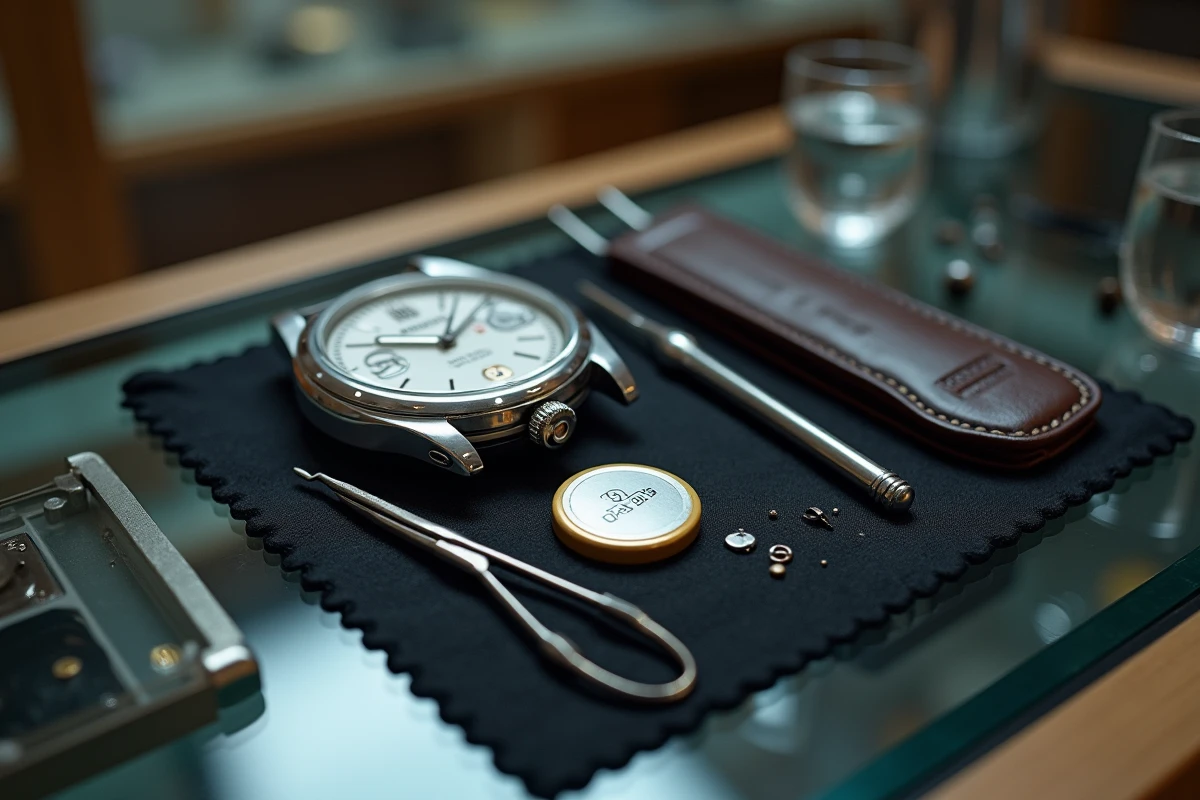 Pile de montre CR2032 et outils professionnels sur le comptoir d'une boutique horlogère