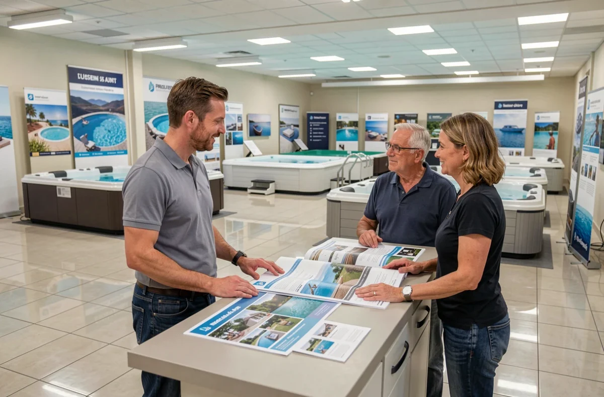 Conseiller de Piscinéale présentant des modèles de piscines à un couple dans un showroom professionnel de la région Centre