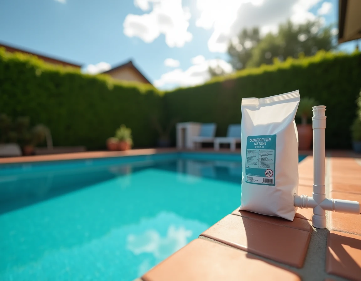 Piscine extérieure avec électrolyseur au sel et sac de sel posé près du local technique