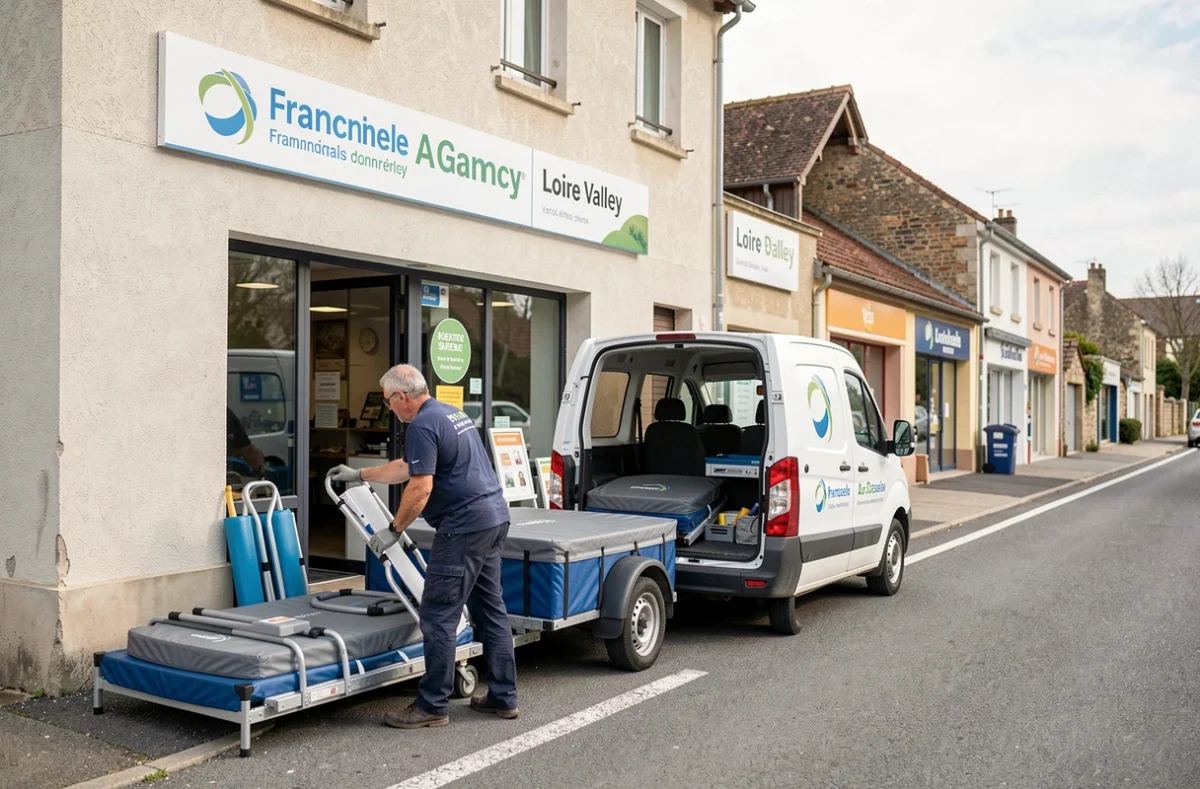 Agence Desjoyaux en Centre-Val de Loire avec son technicien et son véhicule de service devant la façade commerciale
