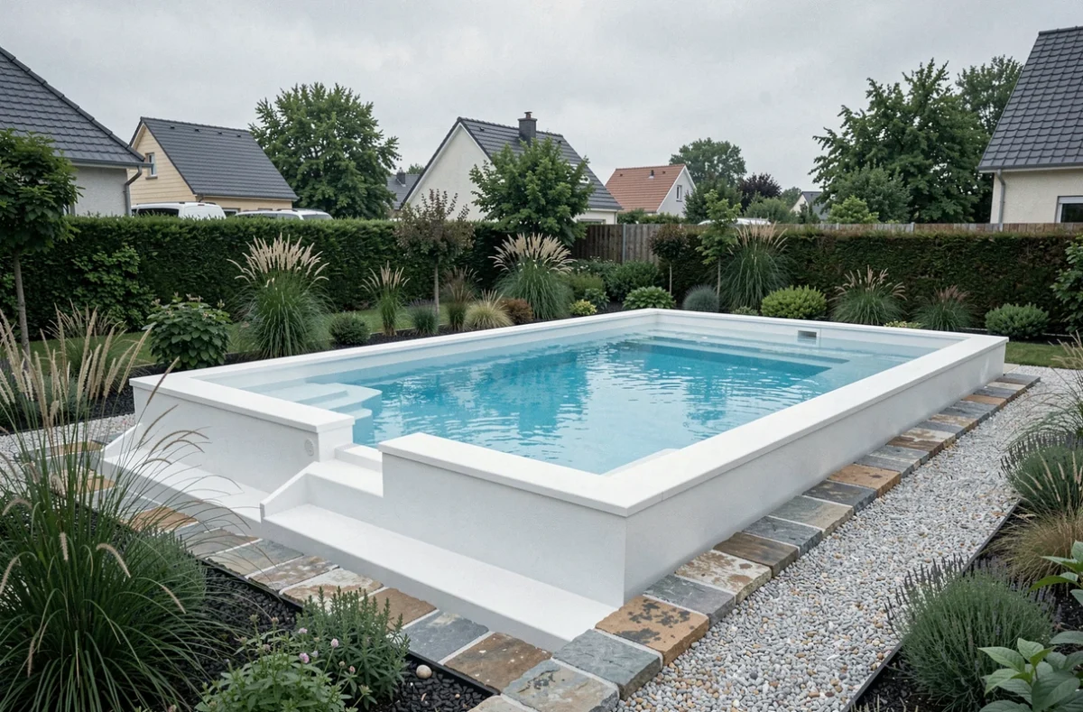 Piscine modulaire Magiline installée dans un jardin contemporain de la région Centre-Val de Loire avec aménagement paysager moderne