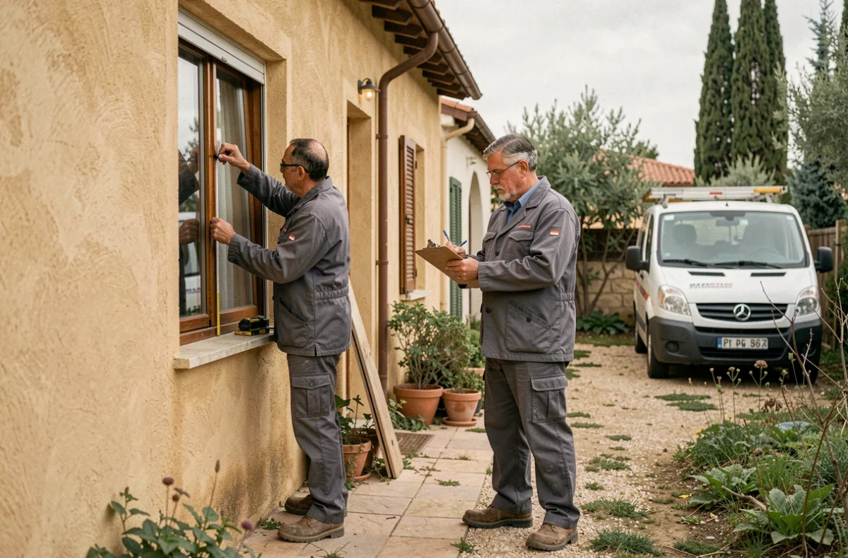 Deux artisans multi-services évaluant les travaux de rénovation et d'isolation d'une maison dans le Gard