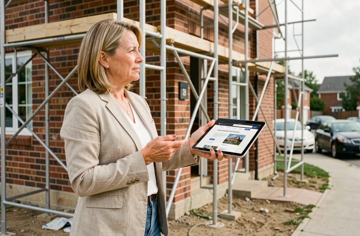 Femme sur un chantier de rénovation consultant une plateforme de devis travaux sur tablette numérique