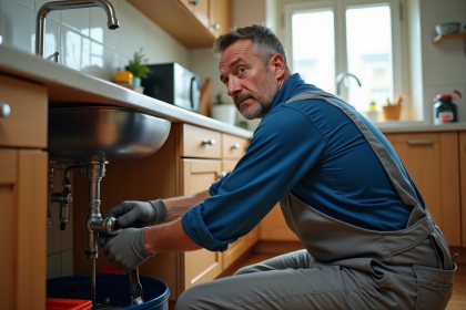 Plombier homme en action sous un évier moderne dans une cuisine lumineuse