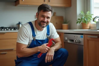 Plombier homme avec clé à molette dans une cuisine moderne