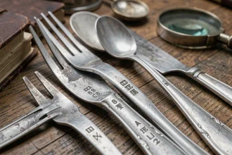 Gros plan sur des poinçons argent gravés sur des couverts anciens posés sur une table en chêne