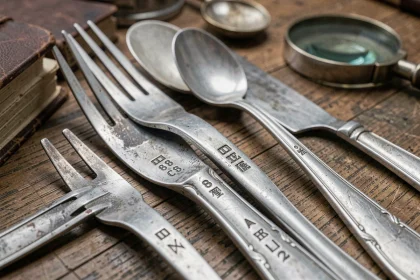 Gros plan sur des poinçons argent gravés sur des couverts anciens posés sur une table en chêne