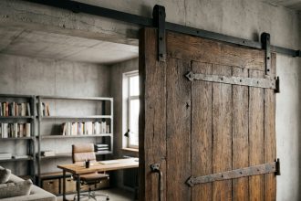 Porte d'atelier coulissante en chêne massif avec rail en acier noir dans un loft industriel converti en espace de travail