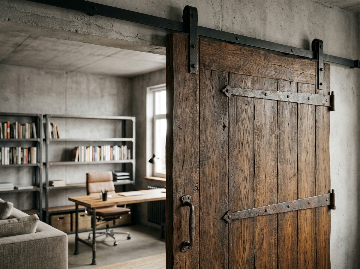 Porte d'atelier coulissante en chêne massif avec rail en acier noir dans un loft industriel converti en espace de travail