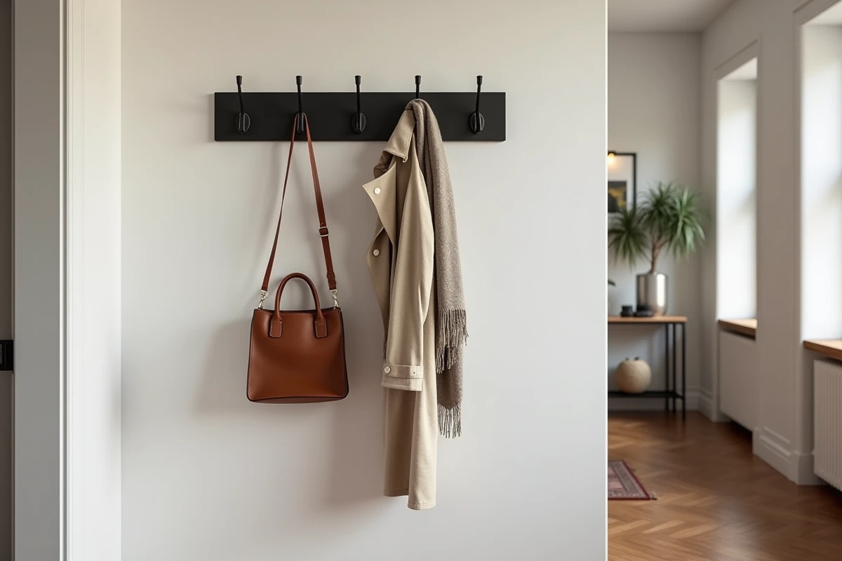 Porte-manteau mural en métal noir mat dans une entrée contemporaine avec manteau et sac en cuir accrochés