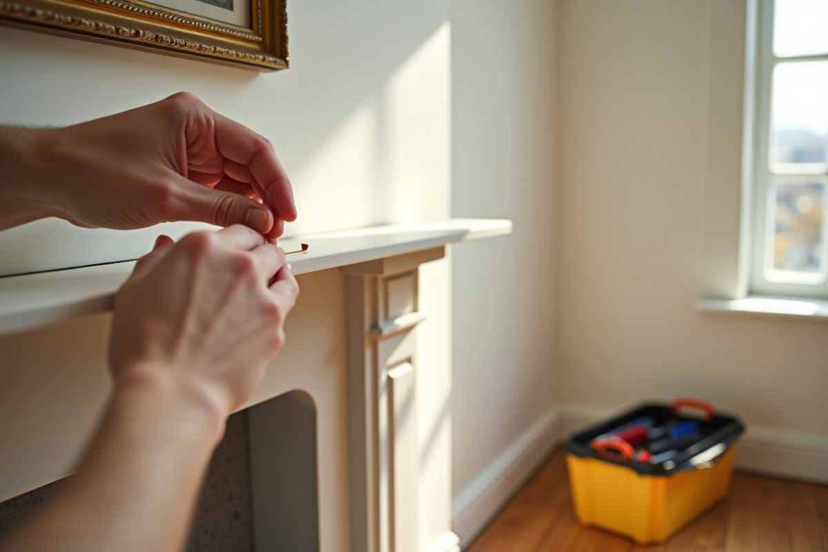 Mains ajustant un cadre en bois au-dessus de la cheminée