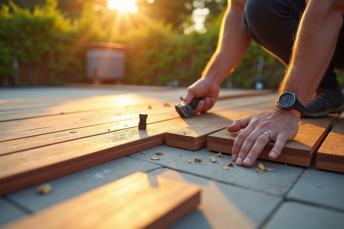 Pose de deck en composite bois-look avec outils
