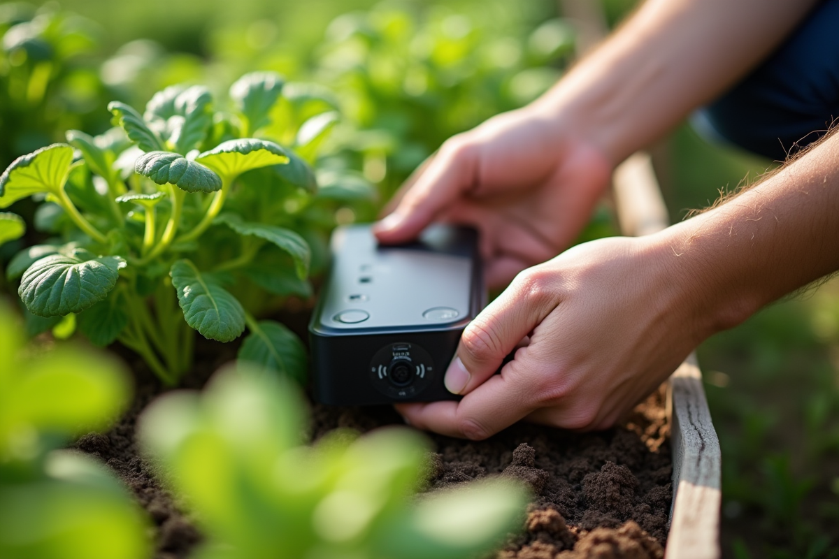 Personne posant un repelent ultrasonic près des légumes sains en plein jour