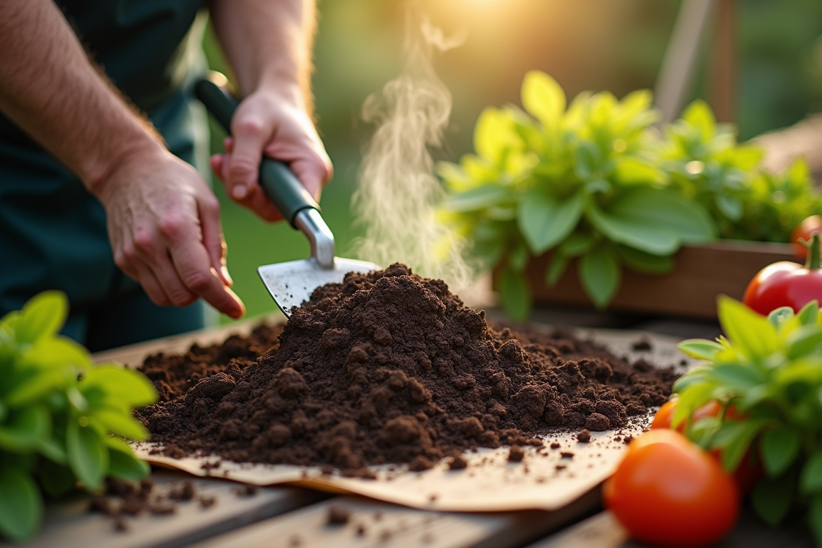 jardinier mélangeant compost avec une fourchette dans le jardin