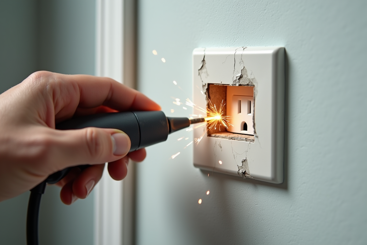 Main branchant un testeur électrique sur une prise endommagée