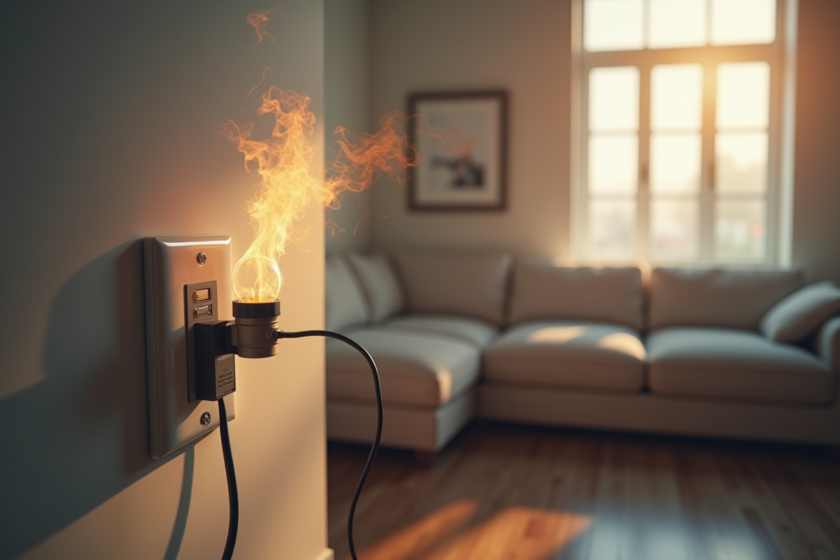 Prise électrique fumante dans un salon avec avertissement