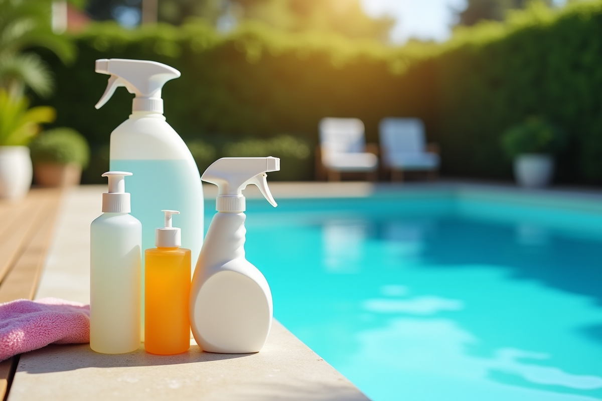 Produits de nettoyage dont vinaigre blanc près de la piscine en été