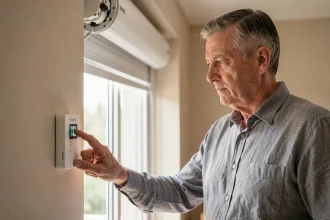 Homme appuyant sur le bouton de programmation d'un volet roulant Somfy RTS après une coupure de courant