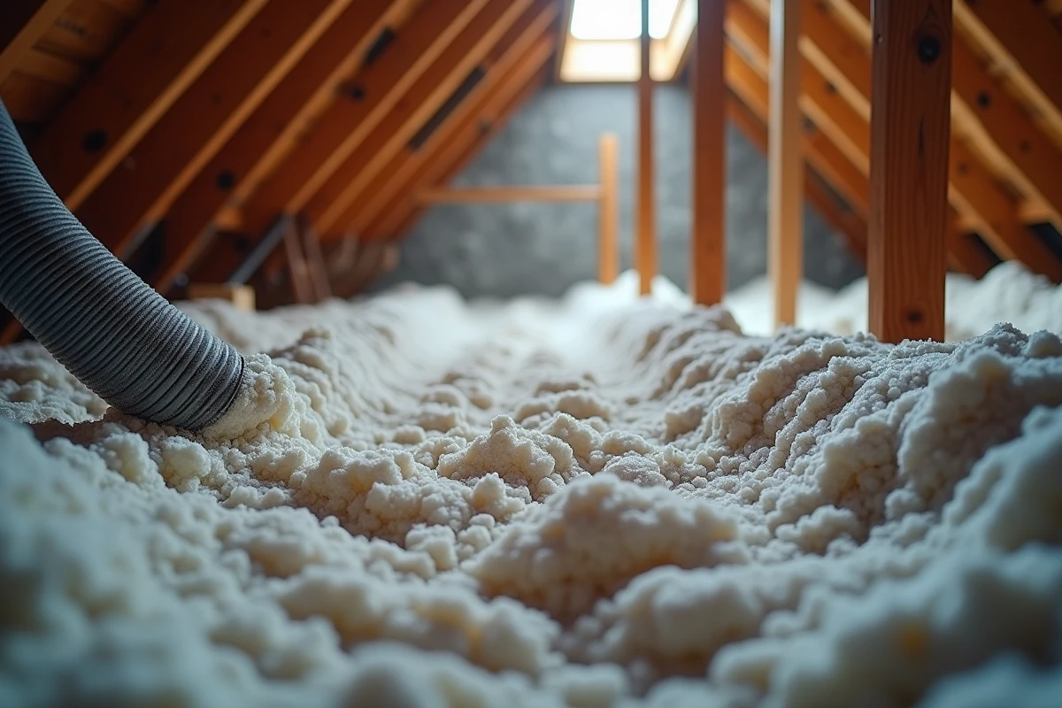 Gros plan sur la projection de ouate de cellulose entre les solives d'un plancher de combles lors d'une rénovation thermique