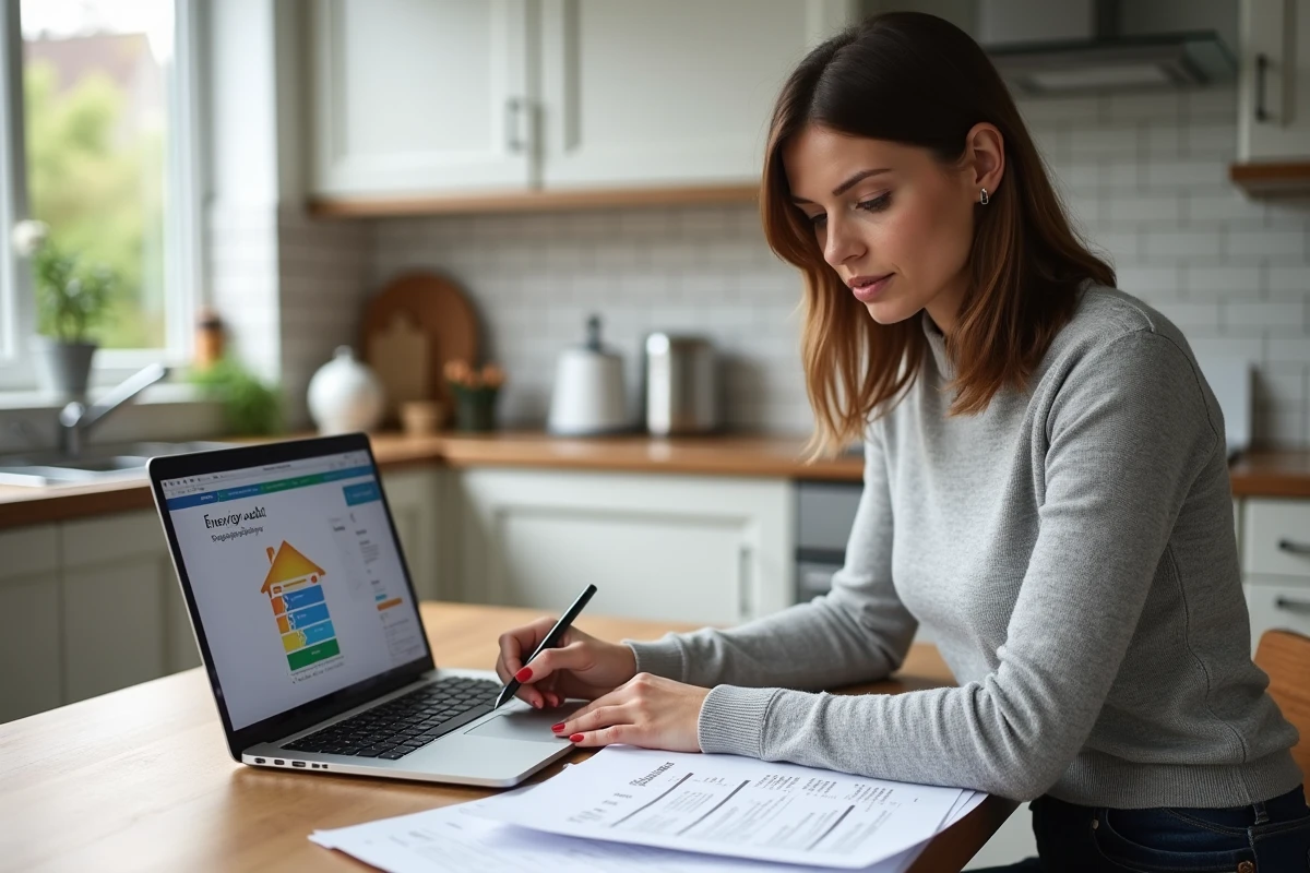 Femme propriétaire étudiant les résultats d'un audit énergétique à domicile avec des documents imprimés et un ordinateur portable