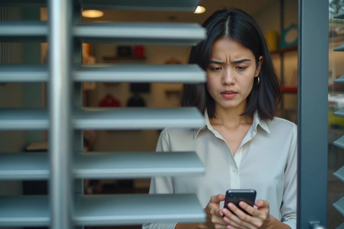 Proprietaire de magasin regardant un volet bloqu&eacute; avec smartphone