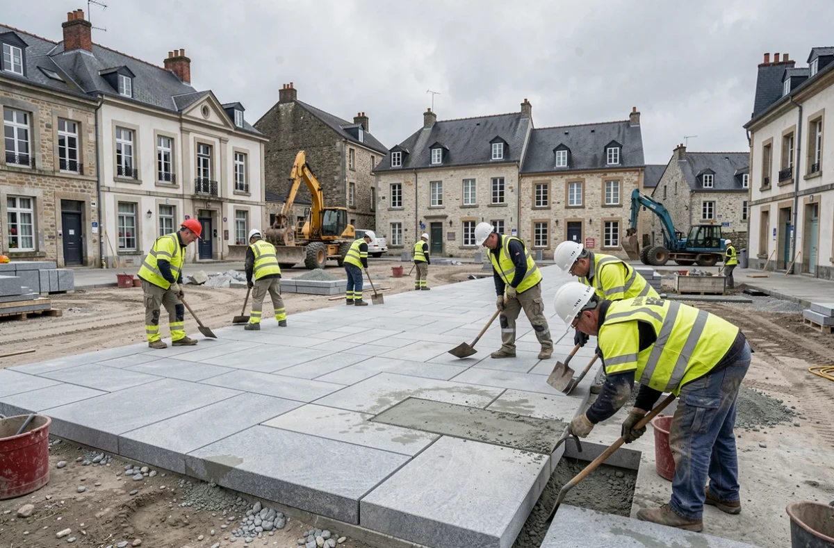 Équipe de Publikconnect Travaux Publics de Bretagne réalisant un chantier de voirie en Morbihan