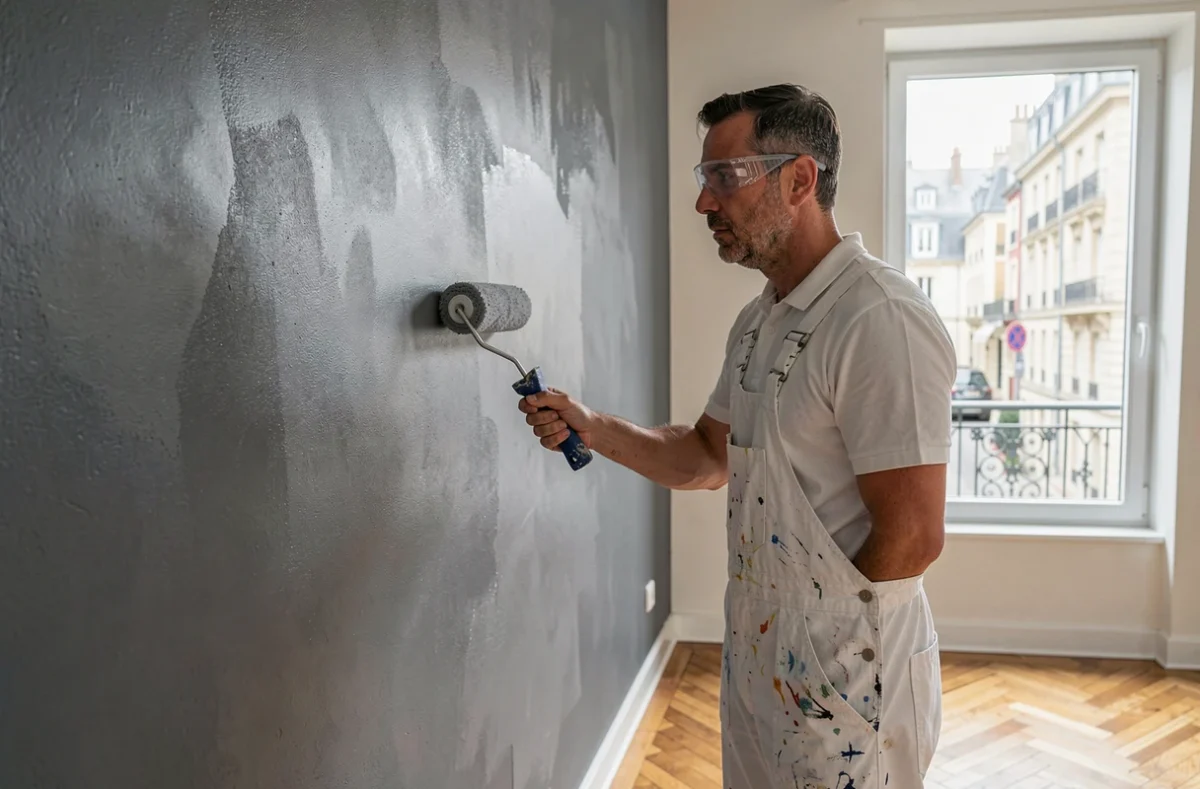 Peintre professionnel de RED Peinture appliquant une peinture grise sur un mur intérieur dans un appartement rénové
