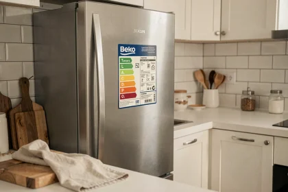 Réfrigérateur Beko avec étiquette énergie dans une cuisine moderne épurée
