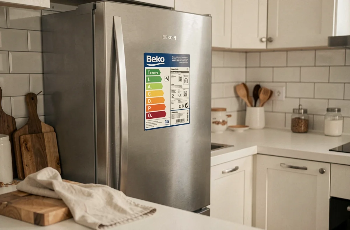 Réfrigérateur Beko avec étiquette énergie dans une cuisine moderne épurée