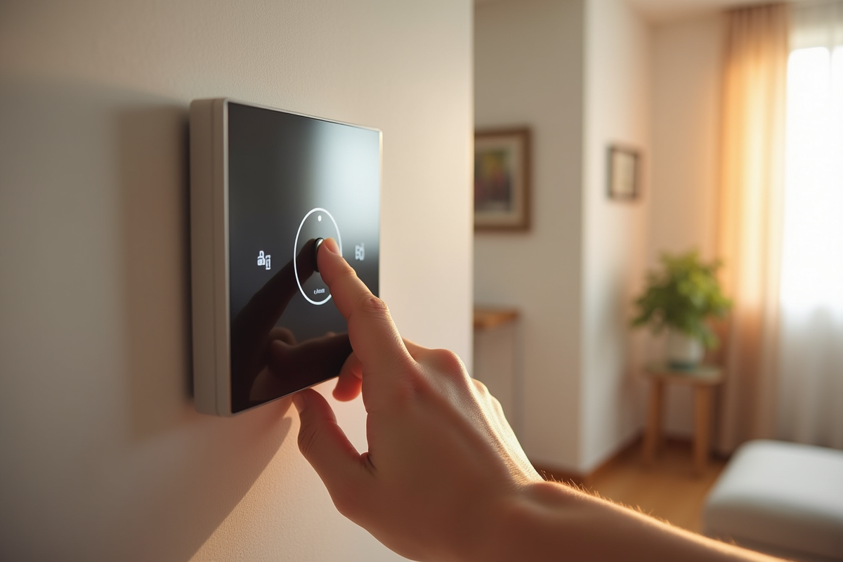 Main ajustant un thermostat intelligent dans un intérieur lumineux