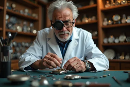 Horloger remplaçant une pile de montre dans une boutique de réparation traditionnelle