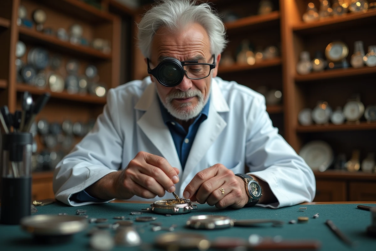 Horloger remplaçant une pile de montre dans une boutique de réparation traditionnelle