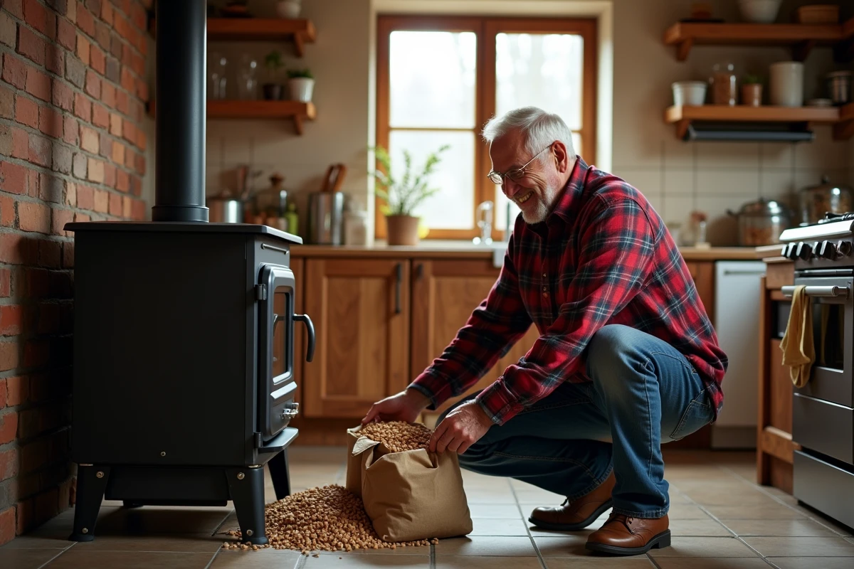 Homme âgé remplissant un poêle à pellets dans une cuisine rustique