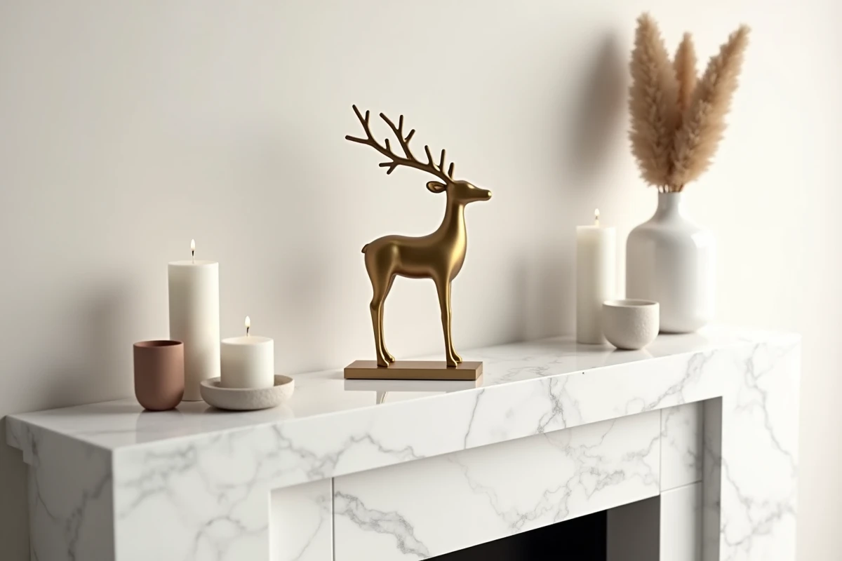 Figurine de renne décoratif en finition or brossé mat, posée sur un manteau de cheminée en marbre blanc dans un salon contemporain minimaliste