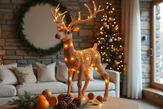 Grande sculpture de renne décoratif en osier tressé avec guirlande lumineuse, posée sur une console en chêne massif dans un salon cosy aux murs en pierre