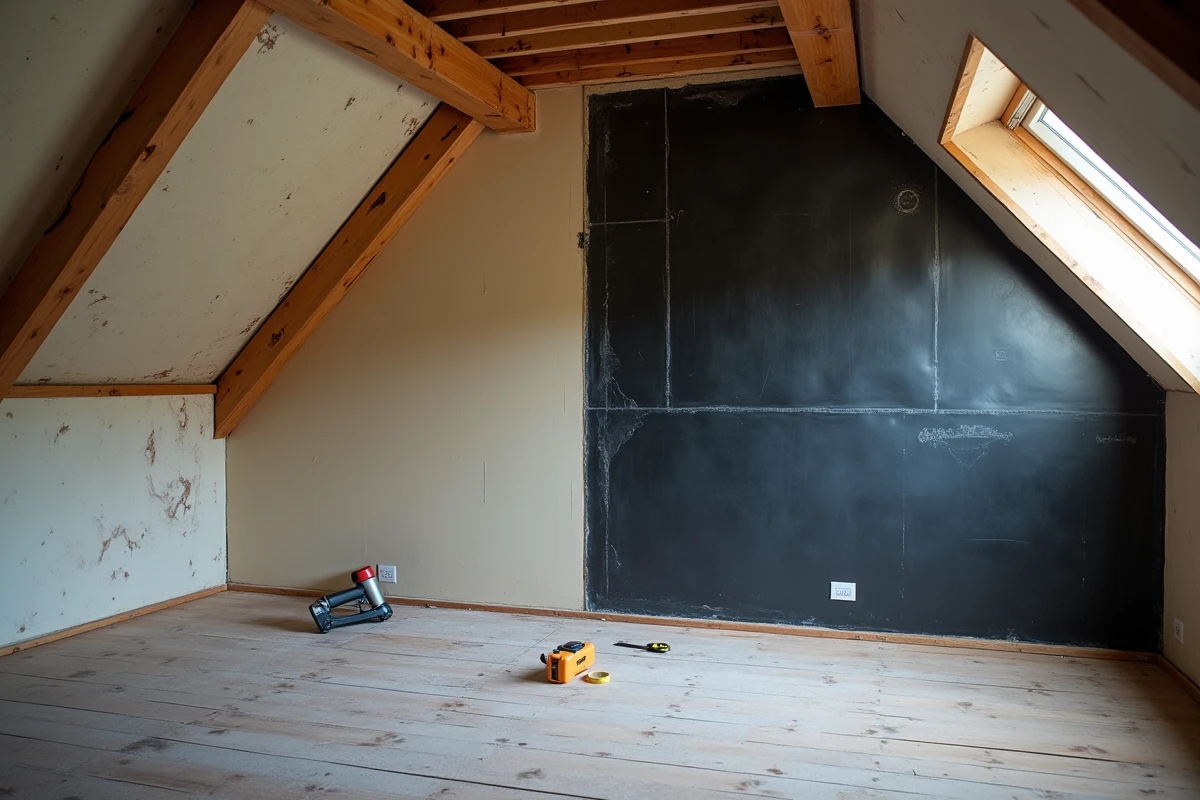 Vue intérieure d'un comble en cours de rénovation thermique montrant les couches d'isolation existantes recouvertes d'un isolant mince réfléchissant TRISO Noir avant ragréage