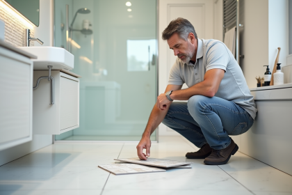 Homme examine des carreaux dans une salle de bain moderne