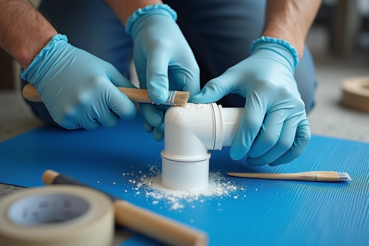 Mains gantées réparant un joint en PVC avec de la colle solvant sur un tapis de travail en garage