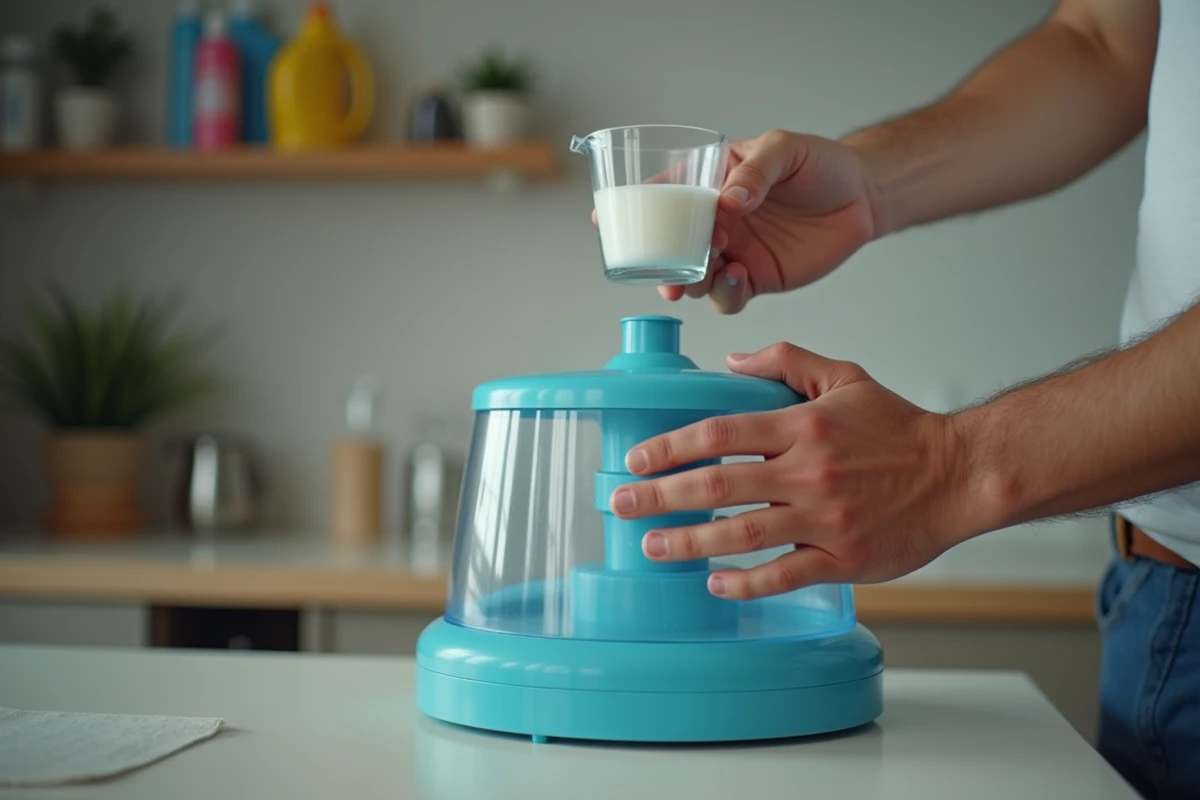 Gros plan sur un réservoir de shampouineuse et une dose de lessive mesurée dans une cuisine