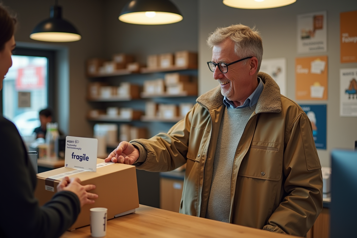 Homme remettant un colis fragile au point relais Mondial Relay