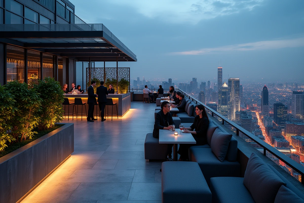 Rooftop bar haut de gamme avec vue panoramique sur les gratte-ciels urbains en heure bleue