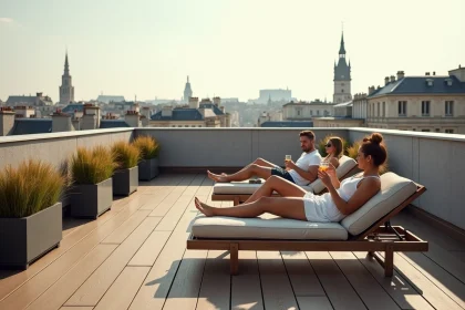 Terrasse rooftop moderne en ville avec vue sur les toits parisiens et mobilier lounge minimaliste