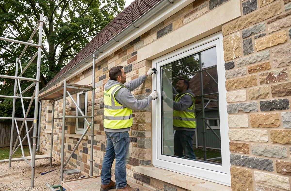 Professionnels de RP2S installant une fenêtre en PVC sur la façade d'une maison en pierre dans la Marne