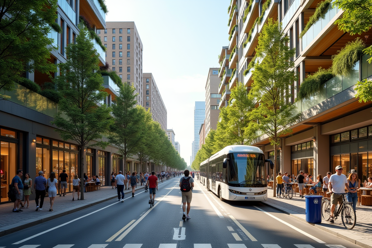 Rue animée avec bus électriques et jardins sur les toits