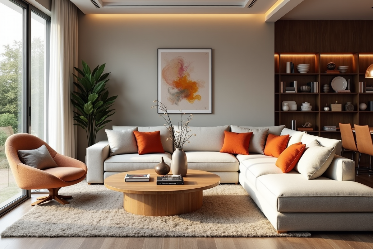 Salon contemporain avec plusieurs tables et décoration chaleureuse
