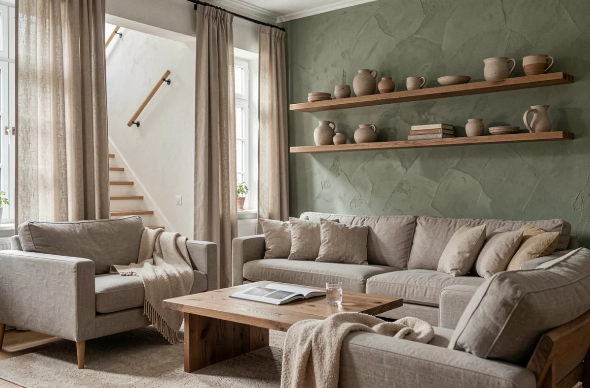 Salon décoré par une agence professionnelle à Lille avec mur en plâtre vert sauge, rideaux en lin et étagères en chêne avec accessoires artisanaux
