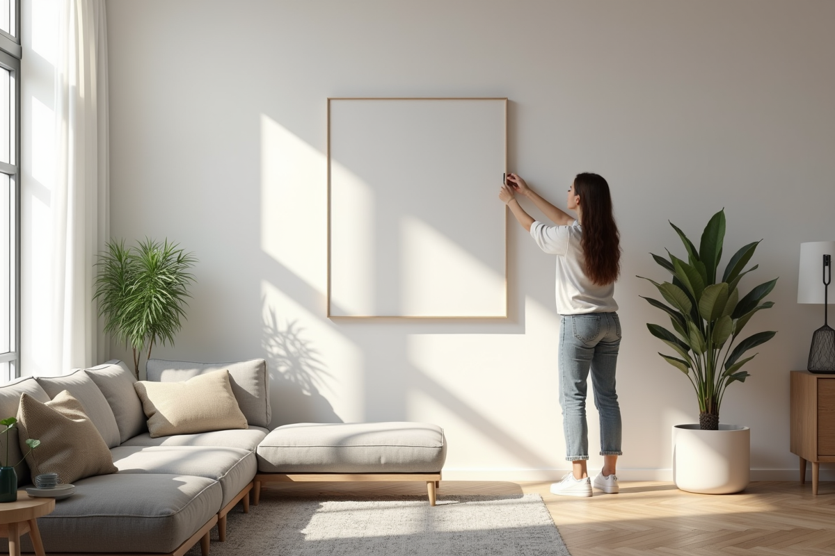 Salon moderne avec personne accrochant une peinture au mur