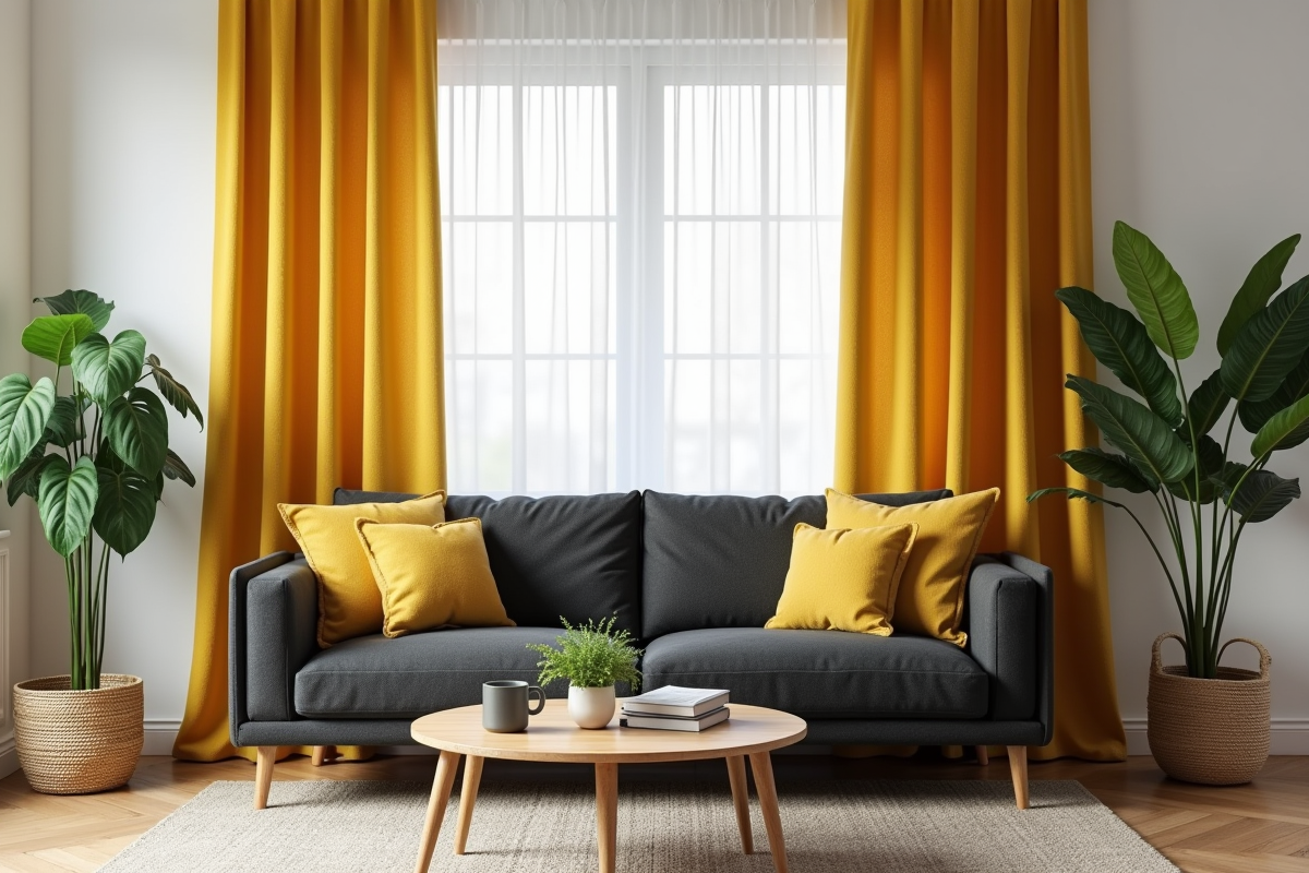 Salon scandinave avec canapé gris fonce et rideaux jaunes